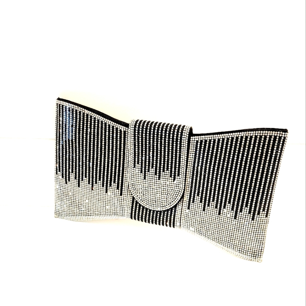 Pavé Silver & Black Women's Rhinestone Bowtie Shape Clutch Handbag Purse